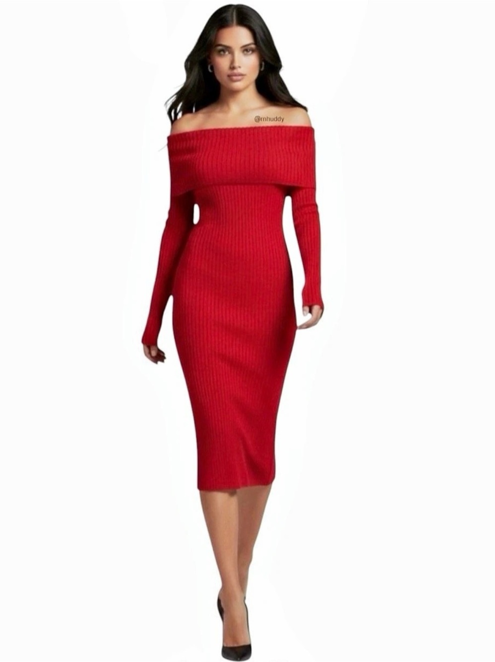 Bebe Red Off-Shoulder Ribbed Midi Dress size XS